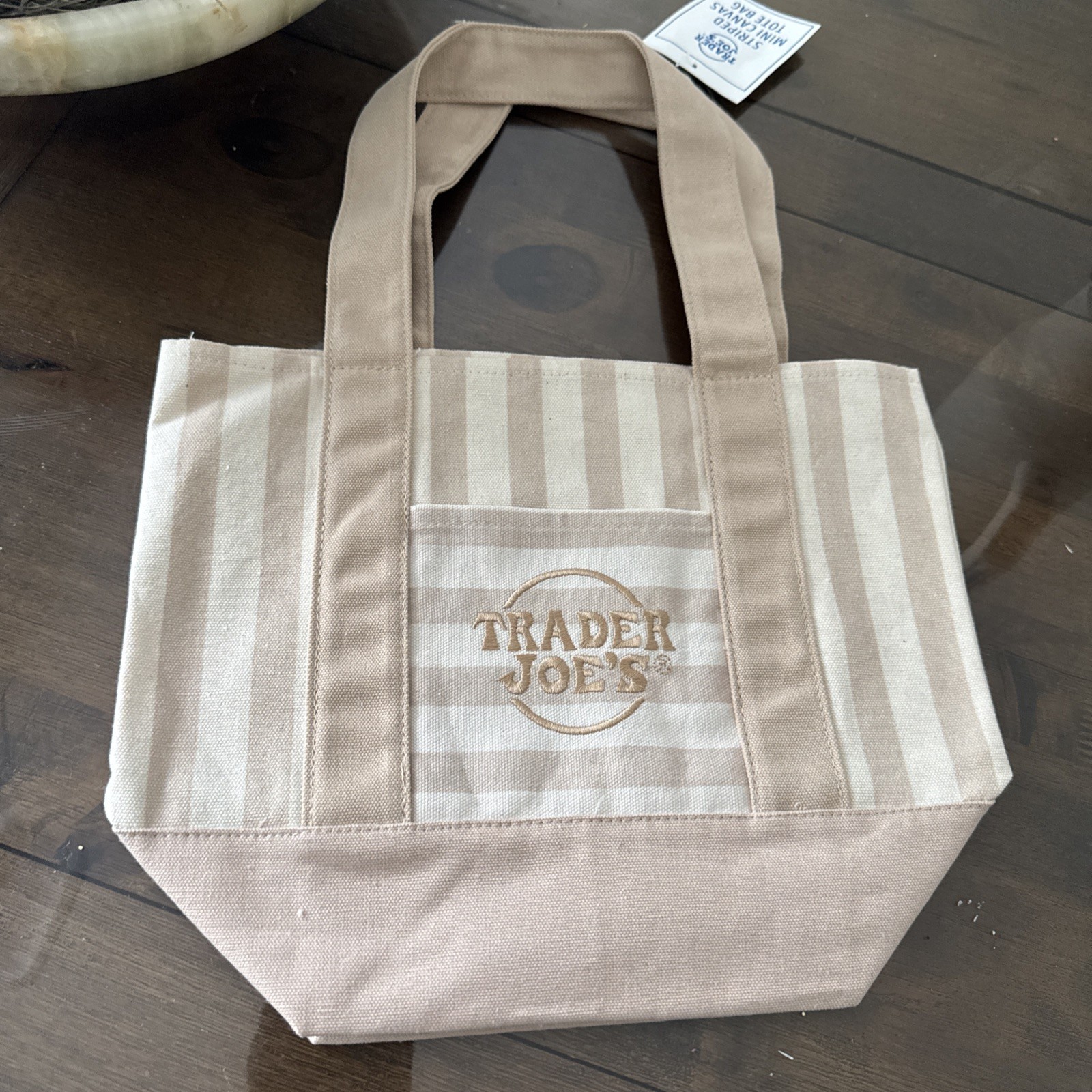 New Trader Joe’s Mini tan summer 2026 Striped Canvas Tote Bag