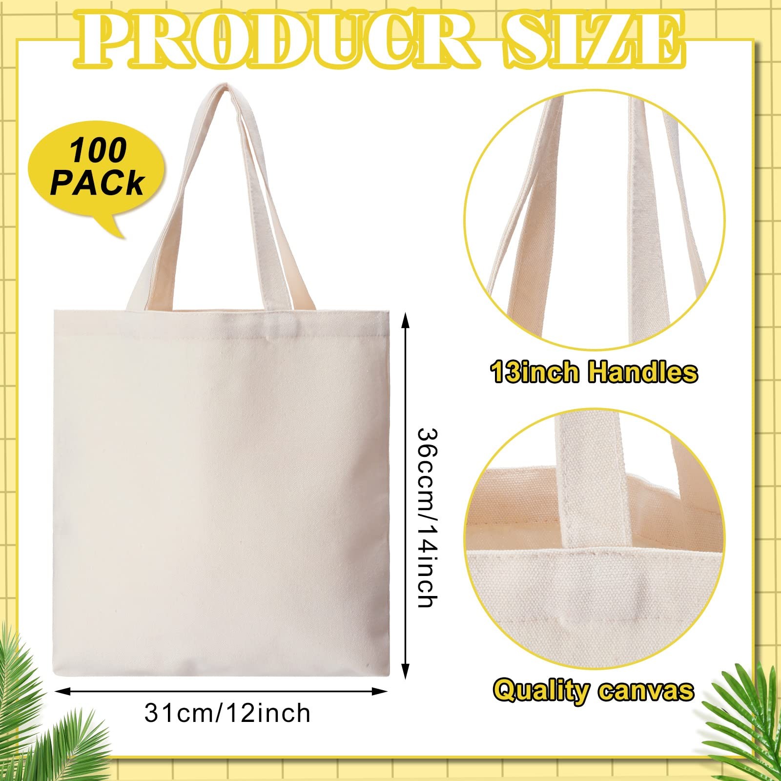 100 Pcs Canvas Tote Bags Bulk Natural Cotton Tote Bags with Handles Blank Cloth