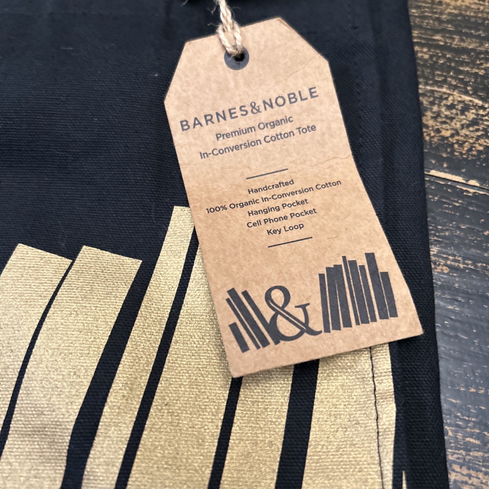 Barnes & Noble Premium Organic Cotton Tote Bag Black Gold Inside Pocket Key Loop