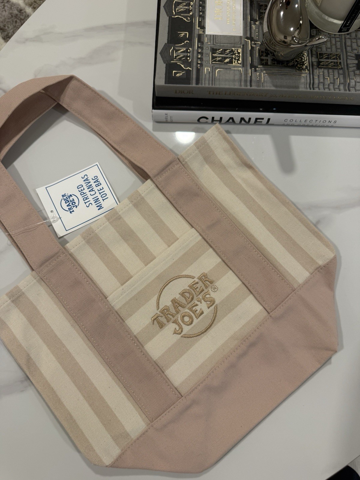 Trader Joe’s Striped Mini Canvas Tote Bag Reusable Beige/White/Tan/Brown NEW