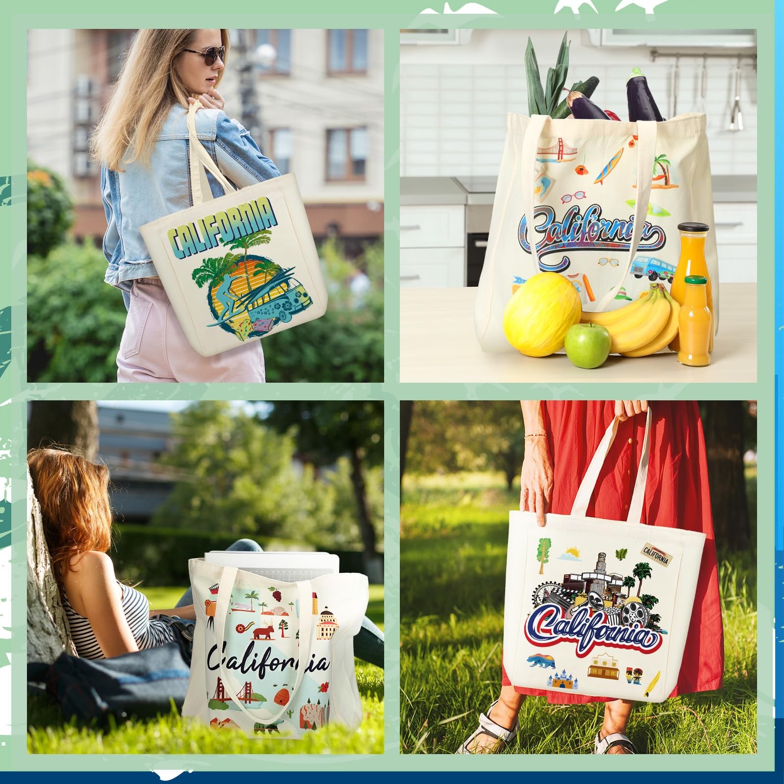 6 Pcs California Large Canvas Tote Bags Reusable City Souvenir Gift Bags with…