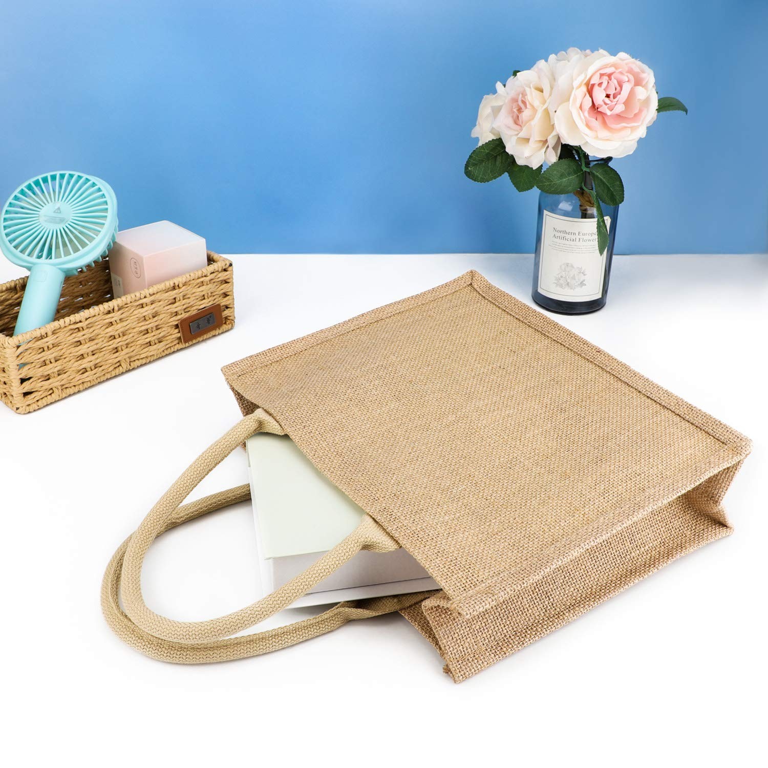 Jute Tote Bags, 1 Pack Small Burlap Jute Reusable Canvas Gift Favors Bag with…