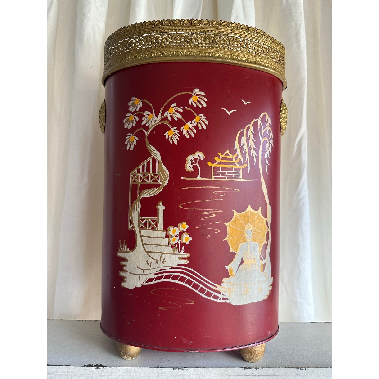Vintage Hand Painted Trash Can Metal pagoda Chinoiserie tole burgundy red gold