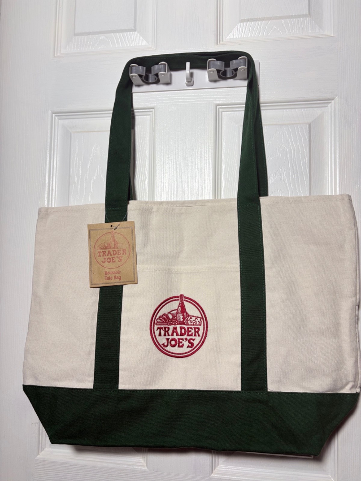 TRADER JOES CANVAS TOTE BAG ~LARGE FOREST GREEN ~ BRAND NEW Paper bag included.