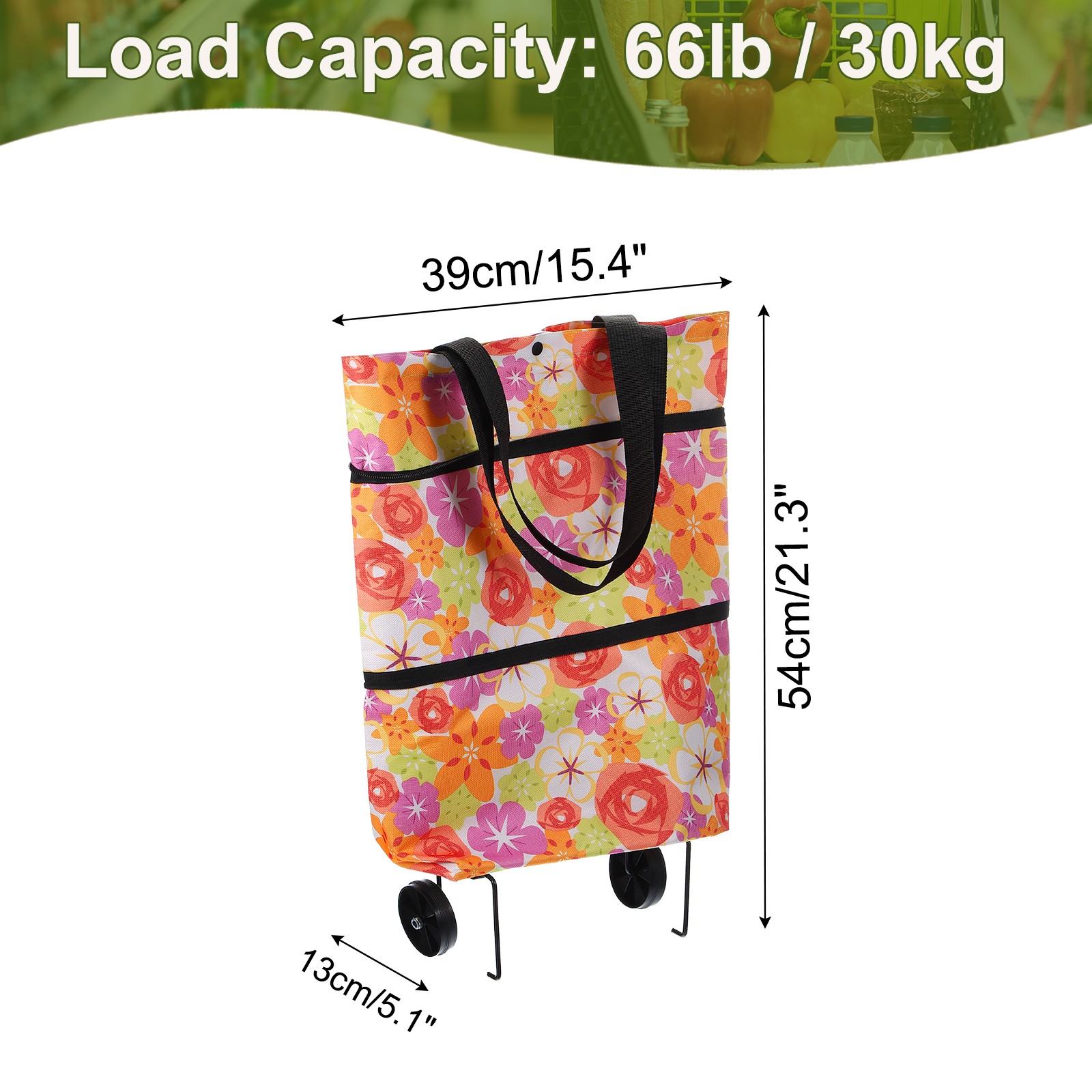 Folding Shopping Bag with Wheels 66lb Reusable Collapsible Grocery Cart White
