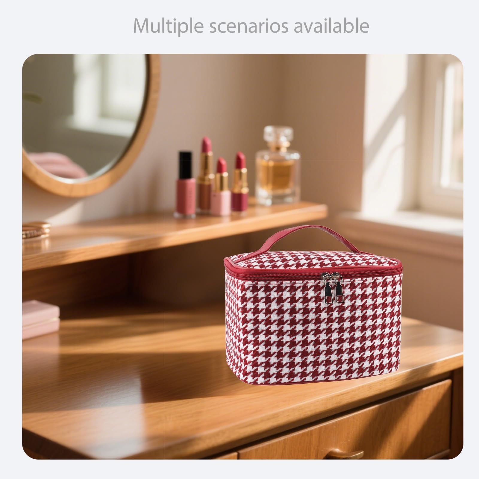 lllyan Travel Makeup Bag,Large Capacity Cosmetic Bags for Women Grid Wine Red