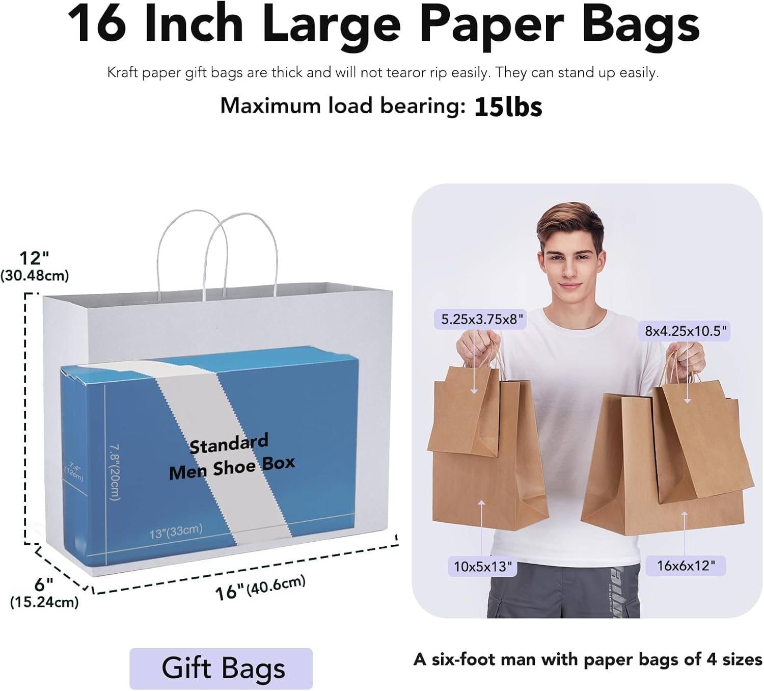 16x6x12 100Pcs White Bags with Handles,Paper Bags?White Large Paper Bag with