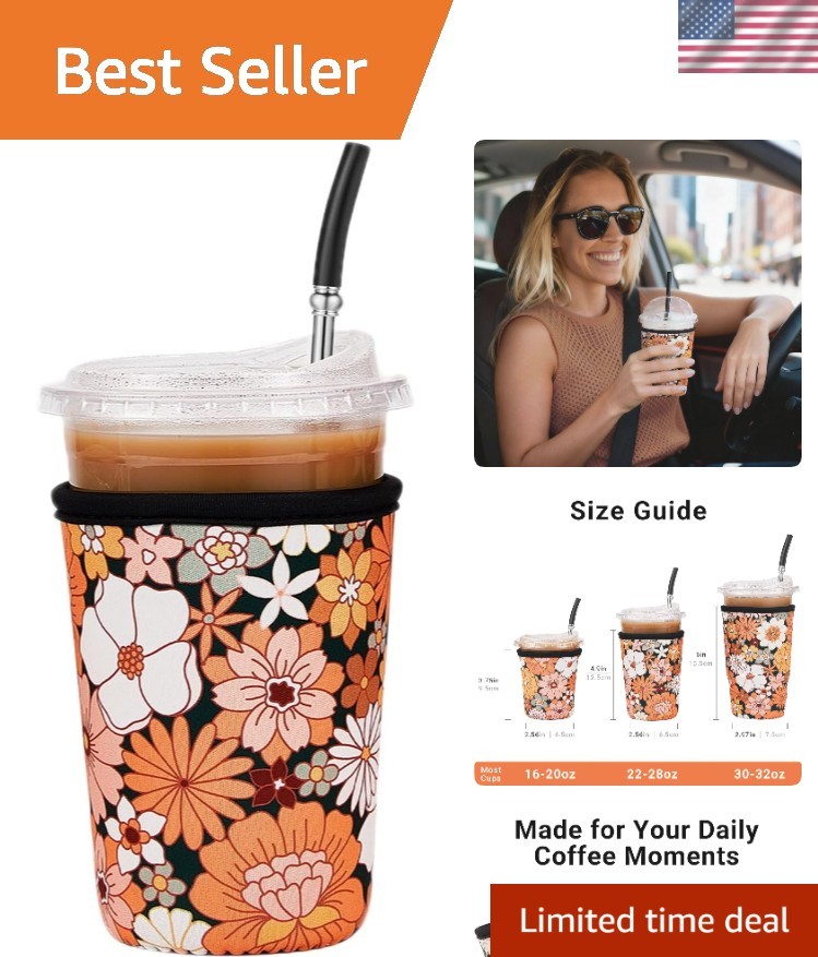 Eco-Friendly Iced Coffee Sleeve – Medium 22-28oz Neoprene Cup Holder, Bohe Daisy