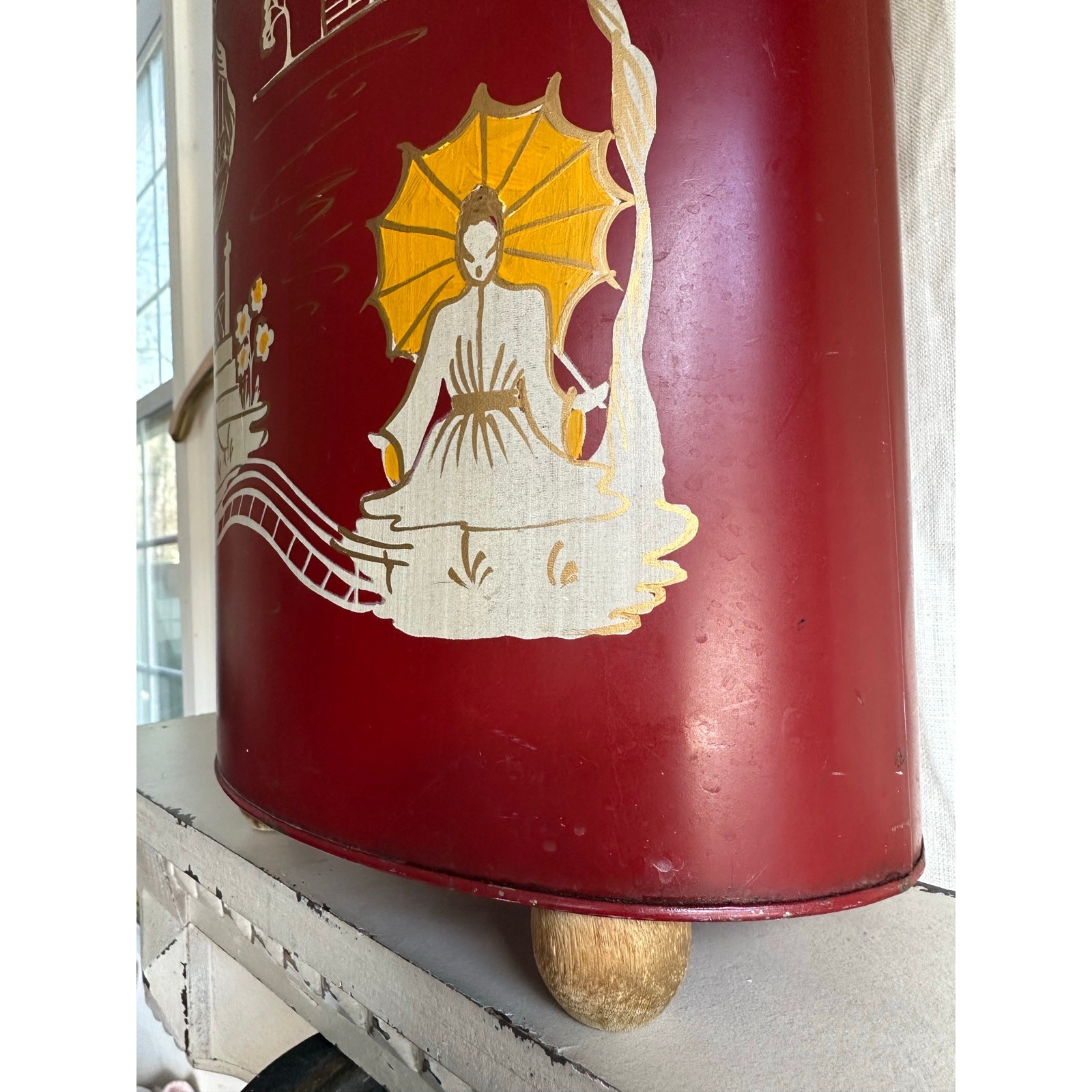 Vintage Hand Painted Trash Can Metal pagoda Chinoiserie tole burgundy red gold
