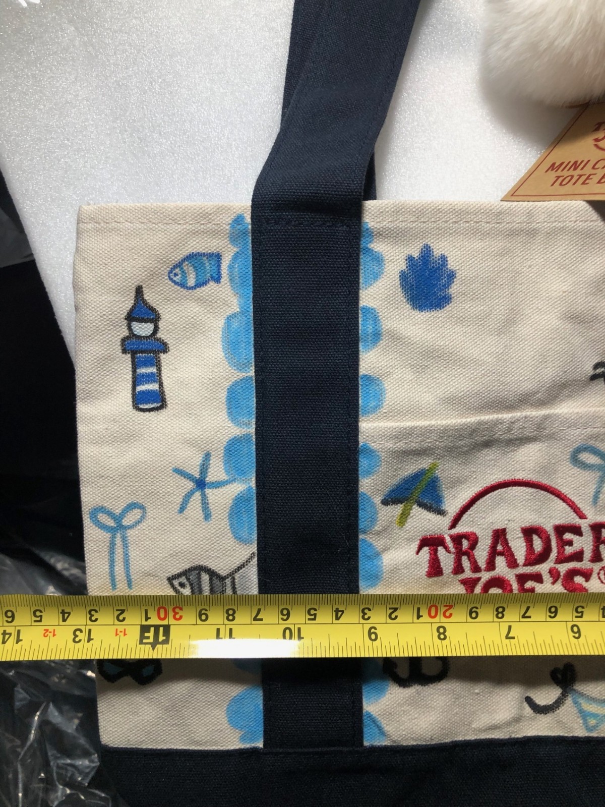 Ocean Hand Drawn Trader Joe’s Mini NAVY BLUE Canvas Tote Bag 13″Wx10″L(S)