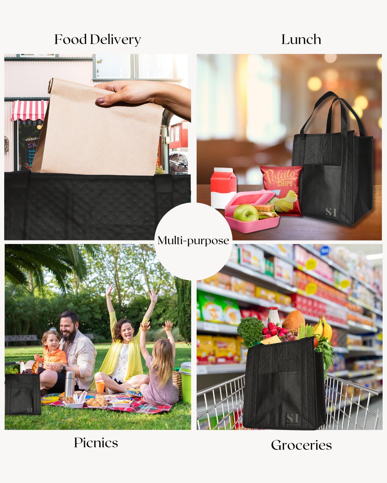 Black Insulated Grocery Bags, 4 Pack Reusable Shopping Bags with Zippered Top