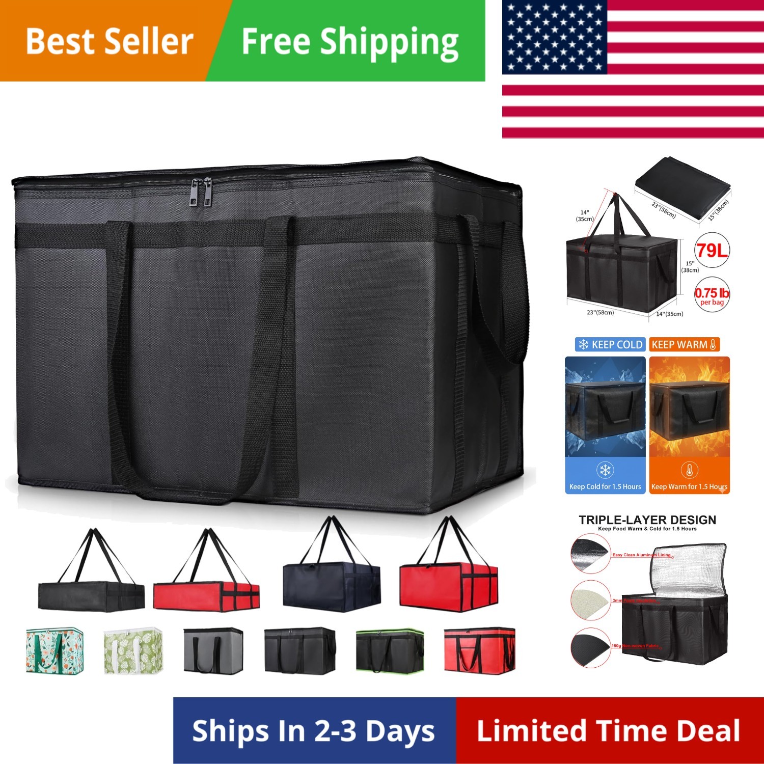 XXXL Insulated Grocery Cooler Tote Bag 22X14X13, Black, 1-Pack