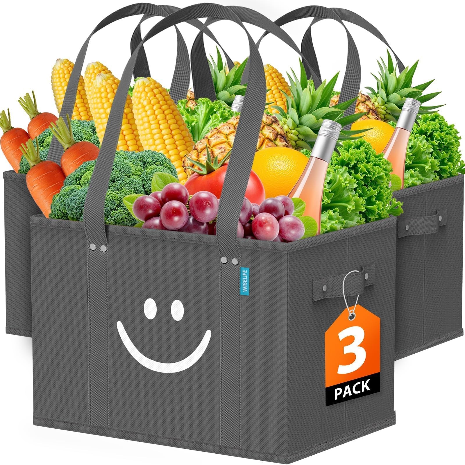 WISELIFE Reusable Grocery Bags 3 Pack – Collapsible Tote Shopping Bags with S…