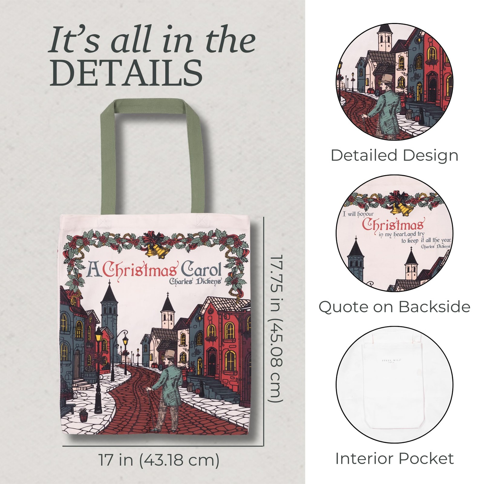 Steel Mill & Co Holiday Canvas Tote Bag for Book Lovers, Bookish Reusable/Fol…
