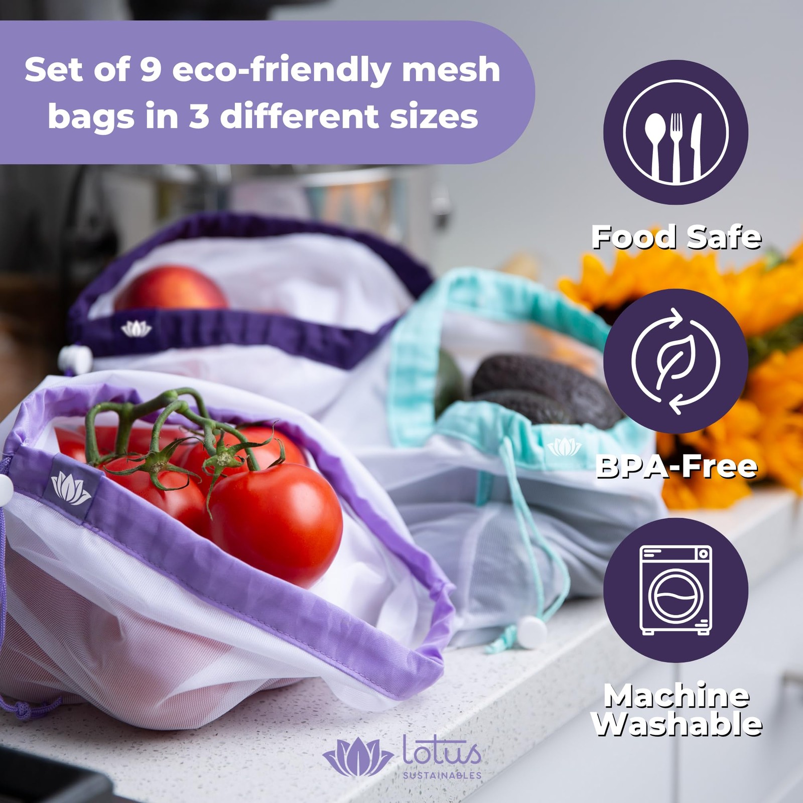Lotus Reusable Produce Bags Mesh (9 Pack) – Premium 9 Pack, White
