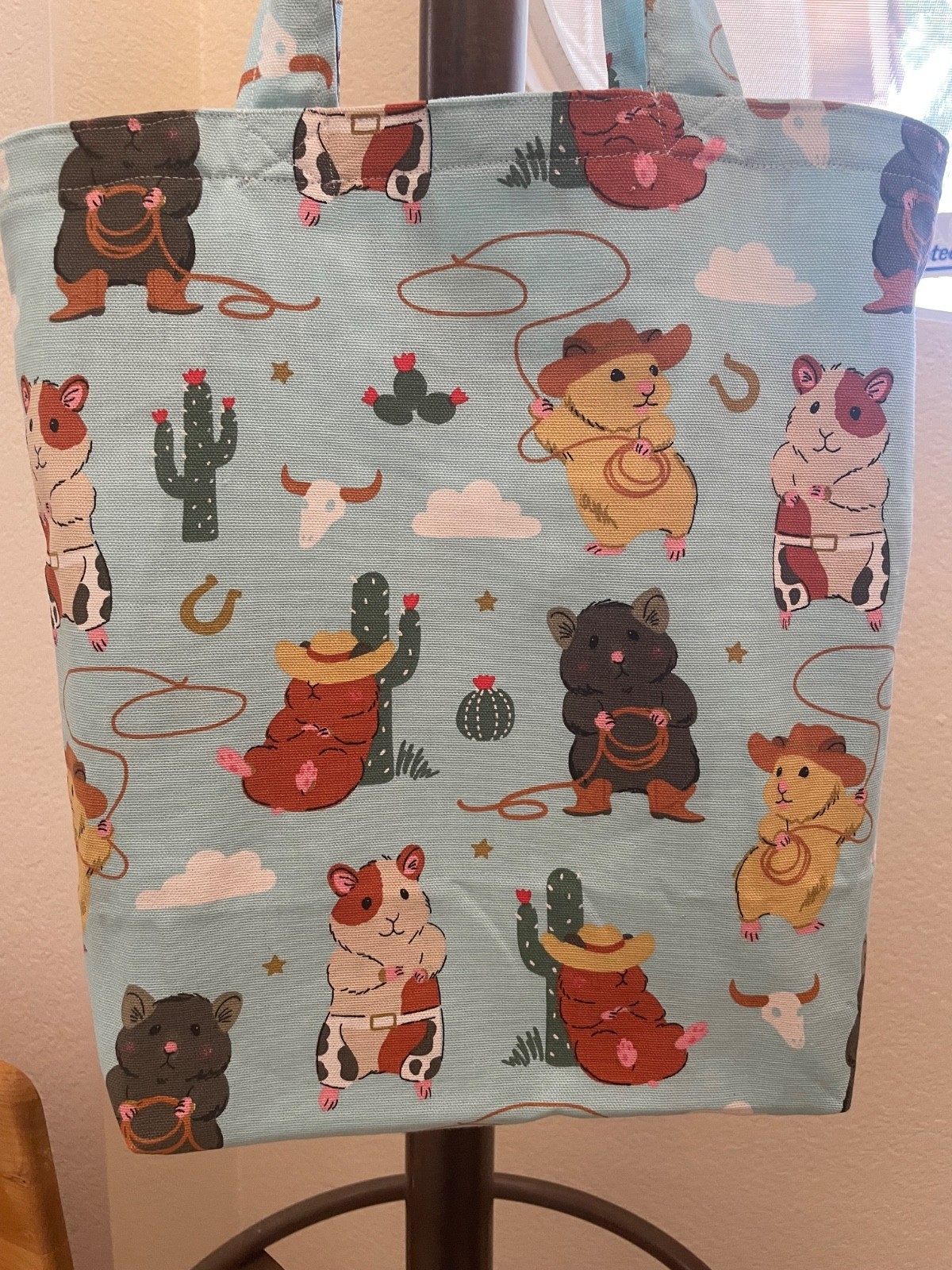 New Handmade small light canvas lined grocery bag/beach tote cowboy hamsters