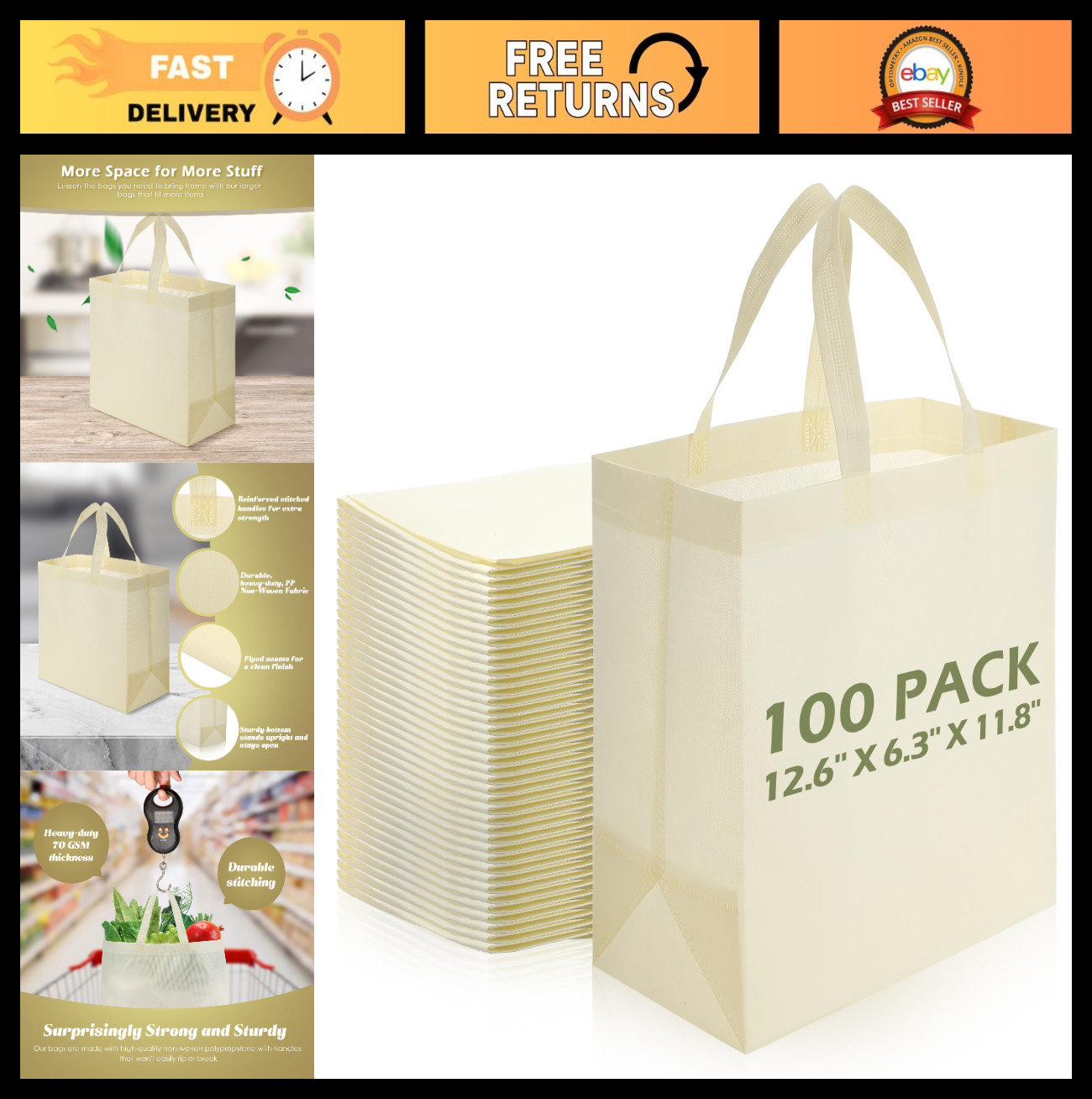 100 PCS Reusable Tote Bags – Non-Woven Grocery Shopping Bags for Events & Retail