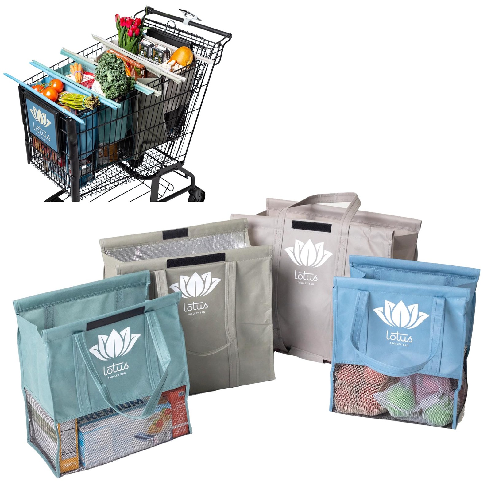 Lotus Earth Tone Trolley Reusable Shopping Bags (4-Pack) – Detachable & Reusa…