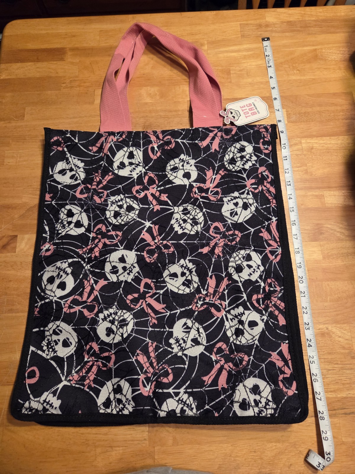 Reusable Pink & Black Skull Canvas Tote with Bow & Web 20″L x 15″W Heavy Duty