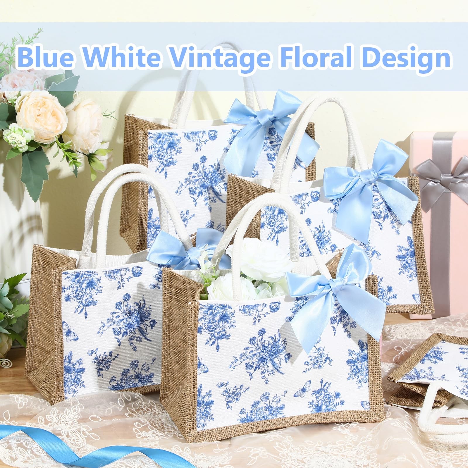 12 Pcs Floral Burlap Tote Bags with Handles Blue White Chinoiserie Jute Gift