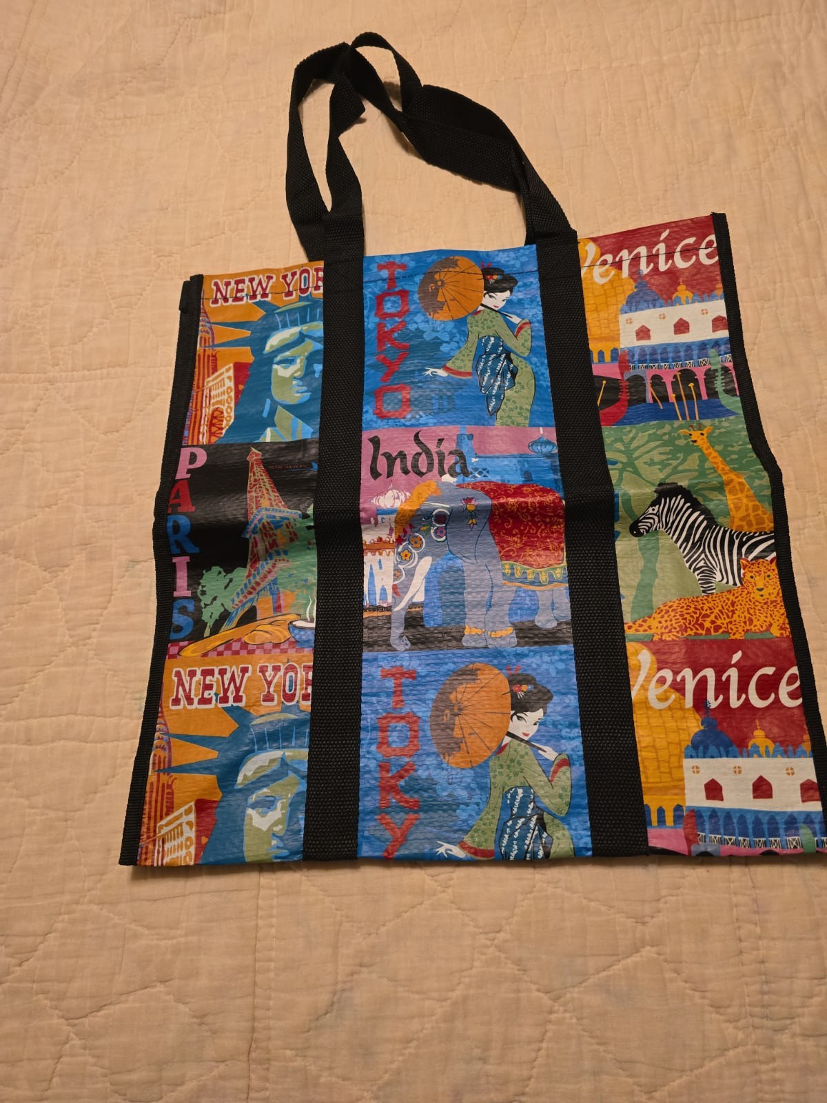 NWOT COST PLUS WORLD MARKET REUSABLE TRAVEL COLLAGE TOTE BAG