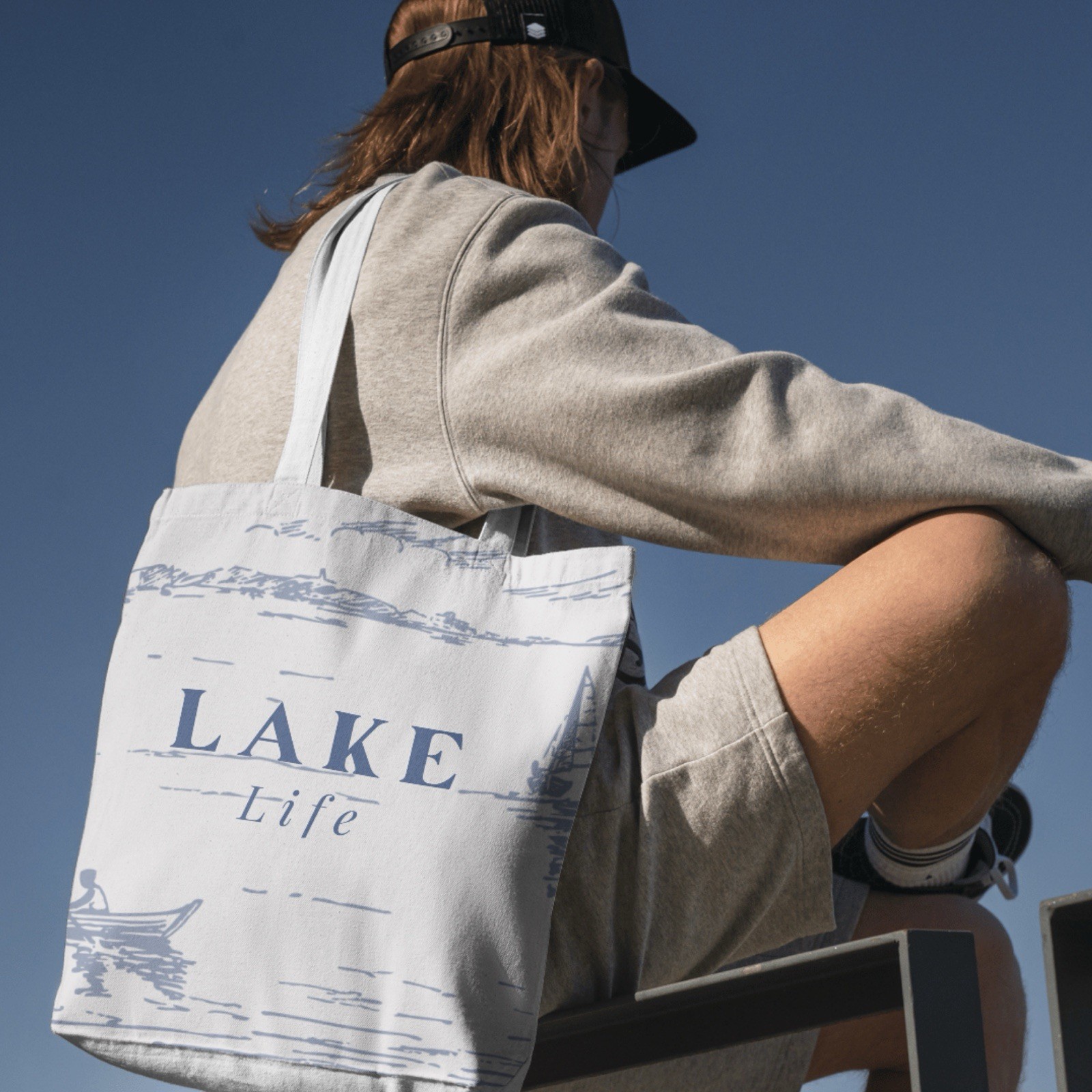 Lake Life Reusable Tote Bag White/Blue Graphic Summer Zero Waste Beach Fishing