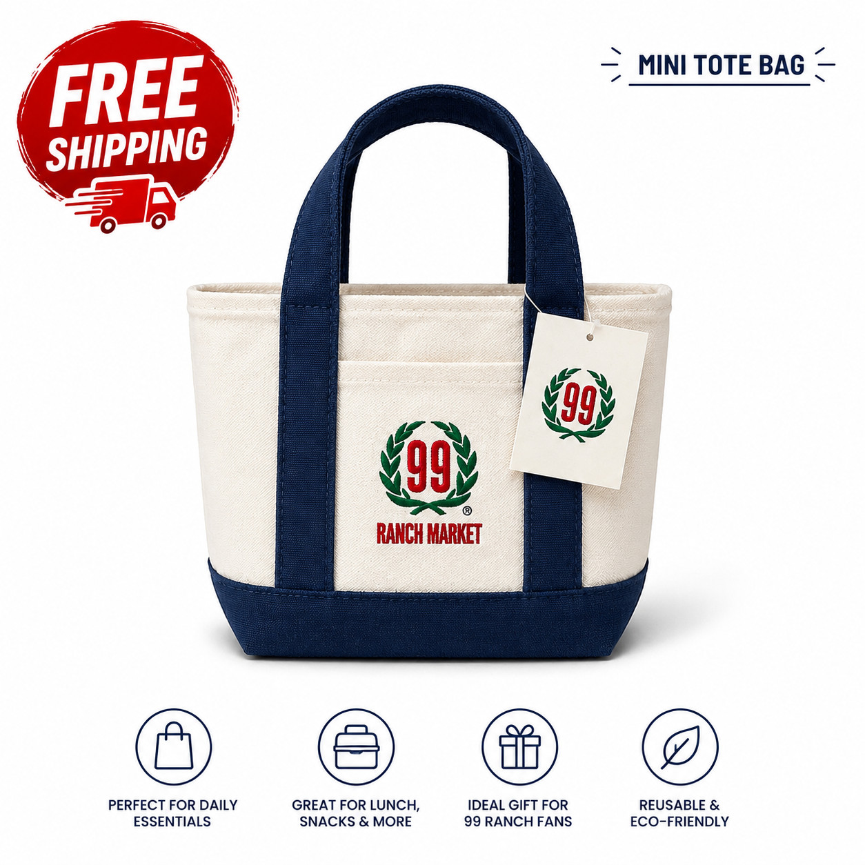 99 Ranch Market Mini Canvas Tote Bag Embroidered Logo Navy White NWT