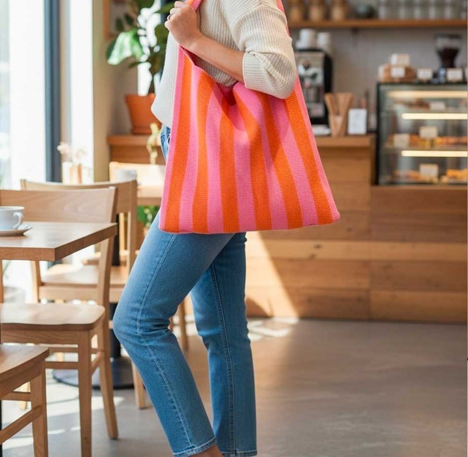 ULTA Beauty Collection Reusable Pink Orange Striped Polyester Tote Bag Medium