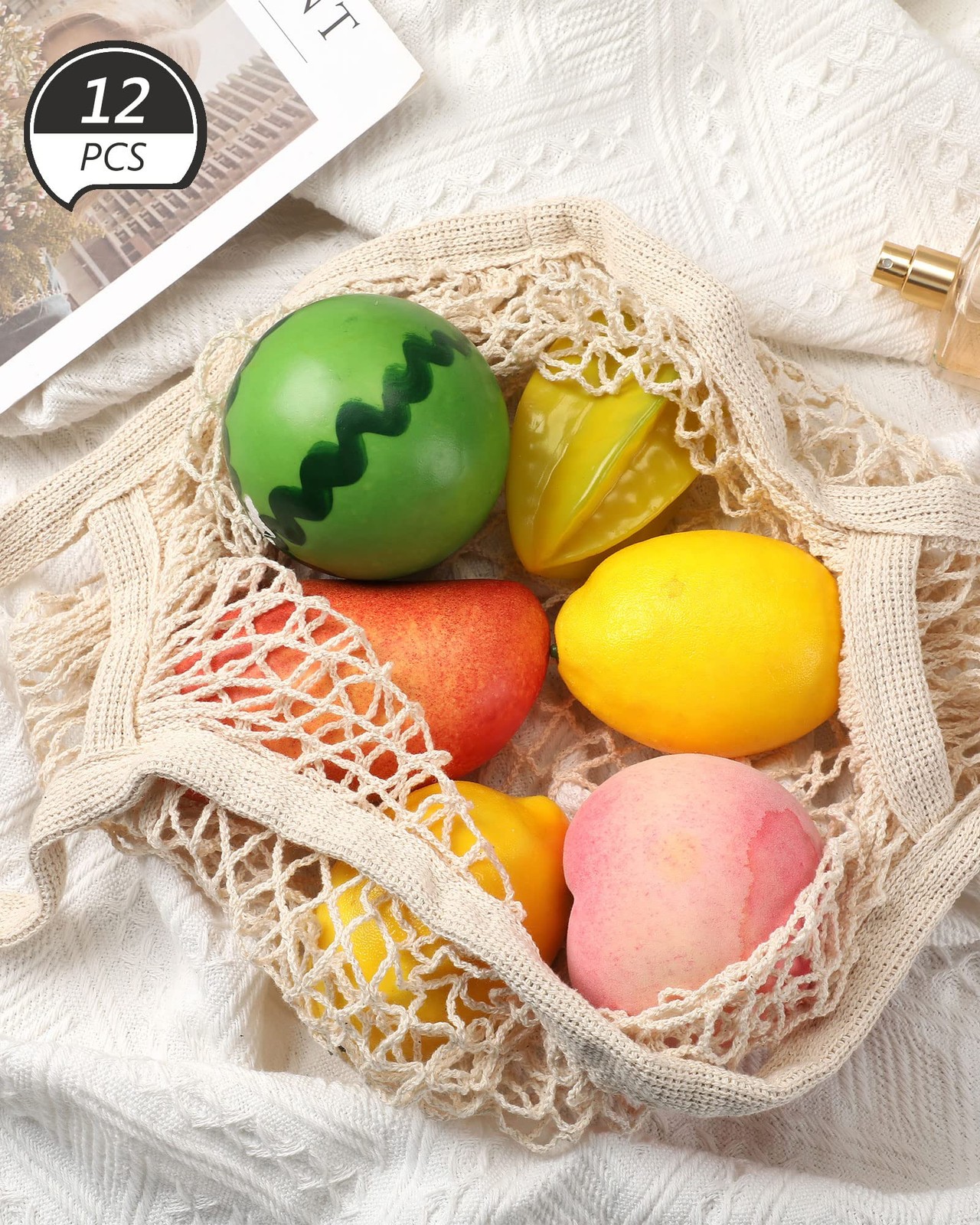 12 PCS Beige Reusable Cotton Mesh Grocery Bag Net Shopping Beach Organizer