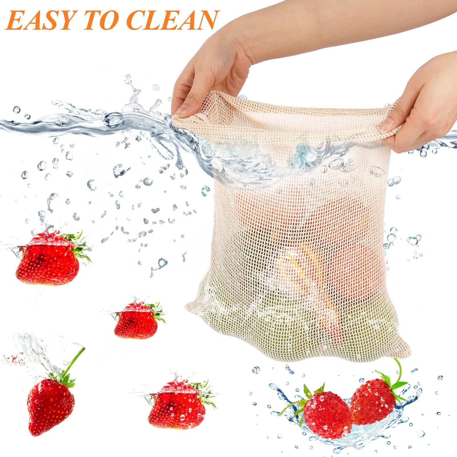 8 Pack Beige Reusable Produce Bags XL L M S Cotton Mesh Set