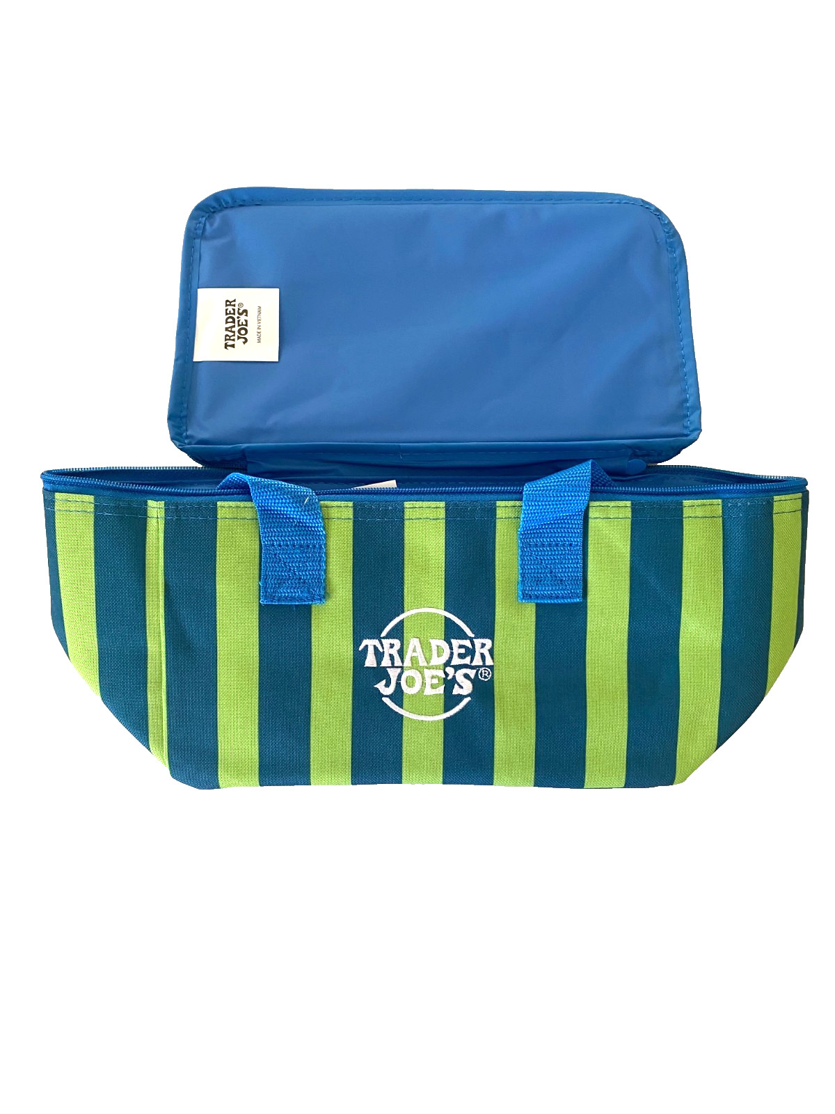 Trader Joe’s newest limited edition mini insulated tote bag Blue & Green stripe