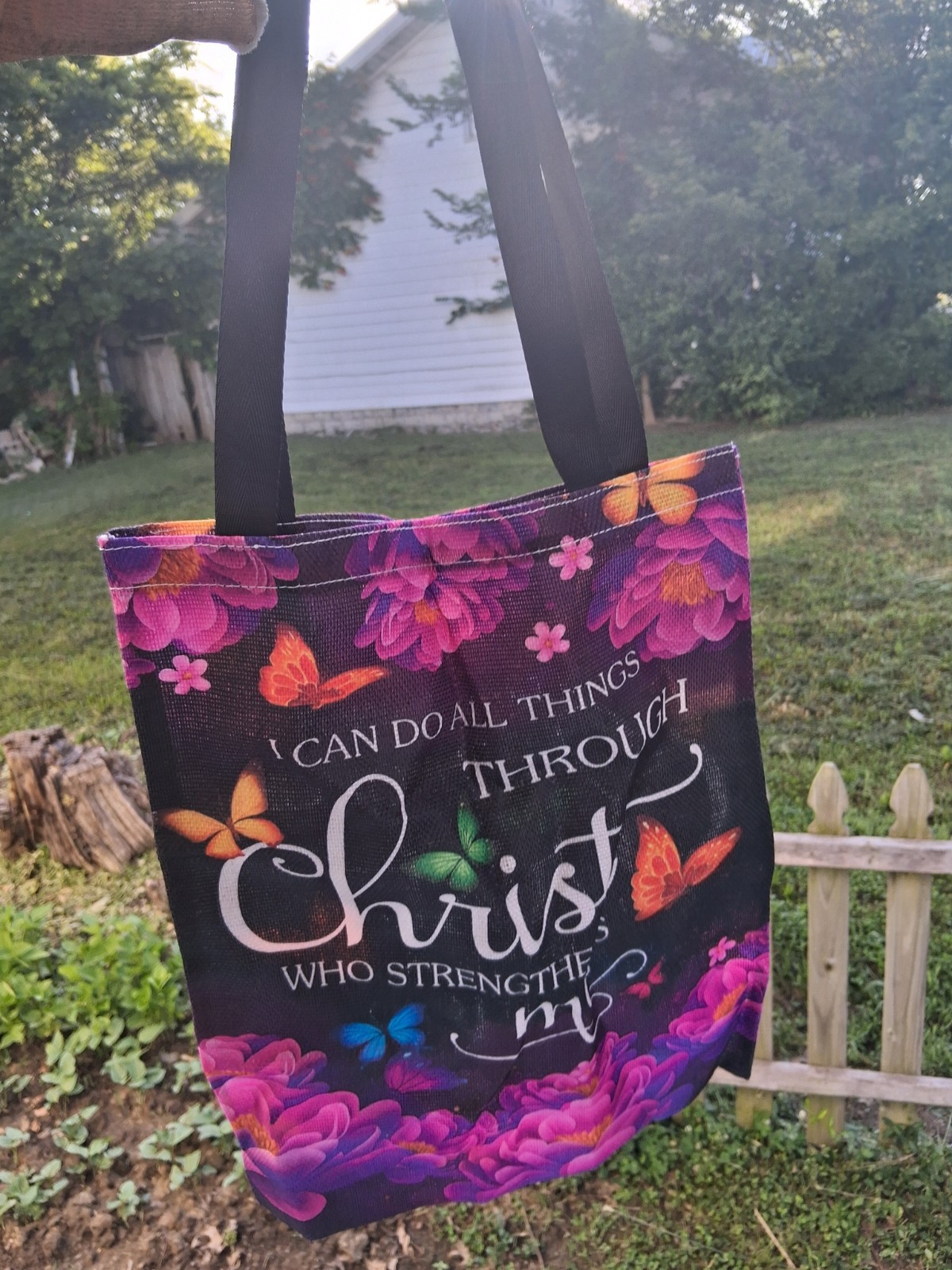 Reusable Floral Christian Quote “I Can Do All Things Through Christ” Tote Bag