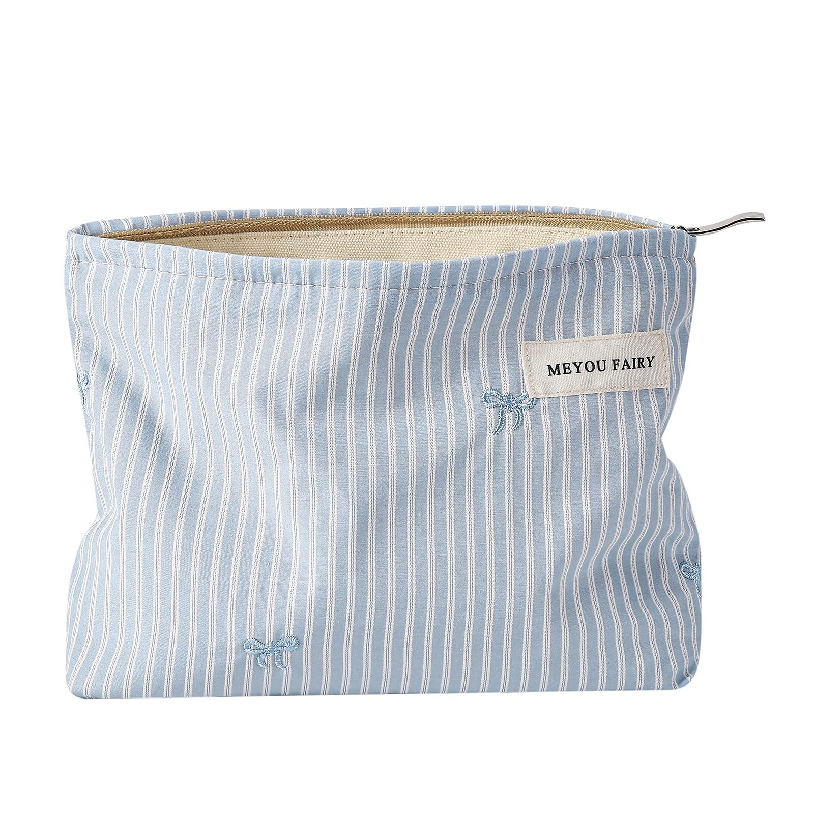 Lestikave Striped Makeup Bag,Coquette Blue Checkered Cosmetic 02Blue Stripe