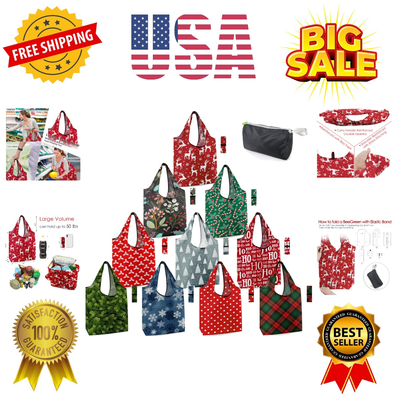 Christmas Reusable Grocery Bags 10 Pack Reusable Shopping Bags Bulk Christmas…