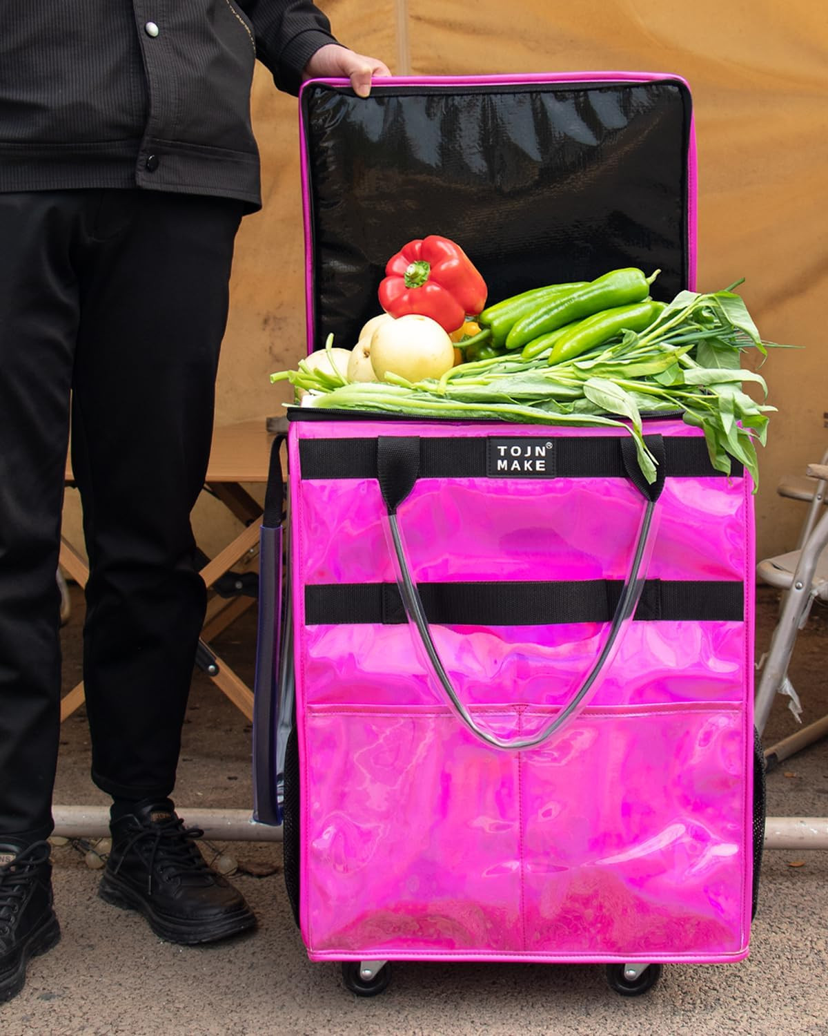 Glitter Red Heavy Duty Reusable Grocery Bag on Wheels with 8 Pockets