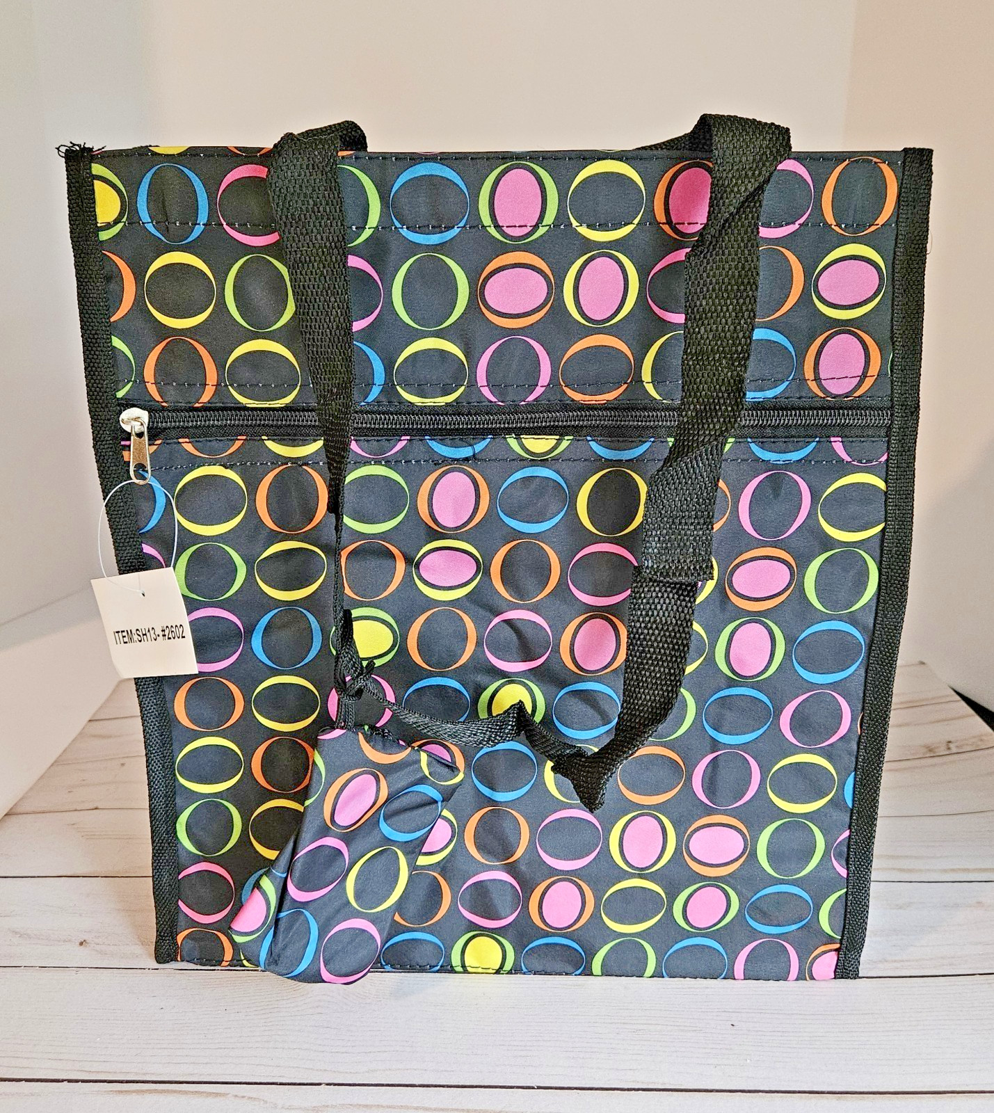 Colorful Geometric Design Water-Resitant Multi-Purpose Zip-Up Tote Bag w/Pockets