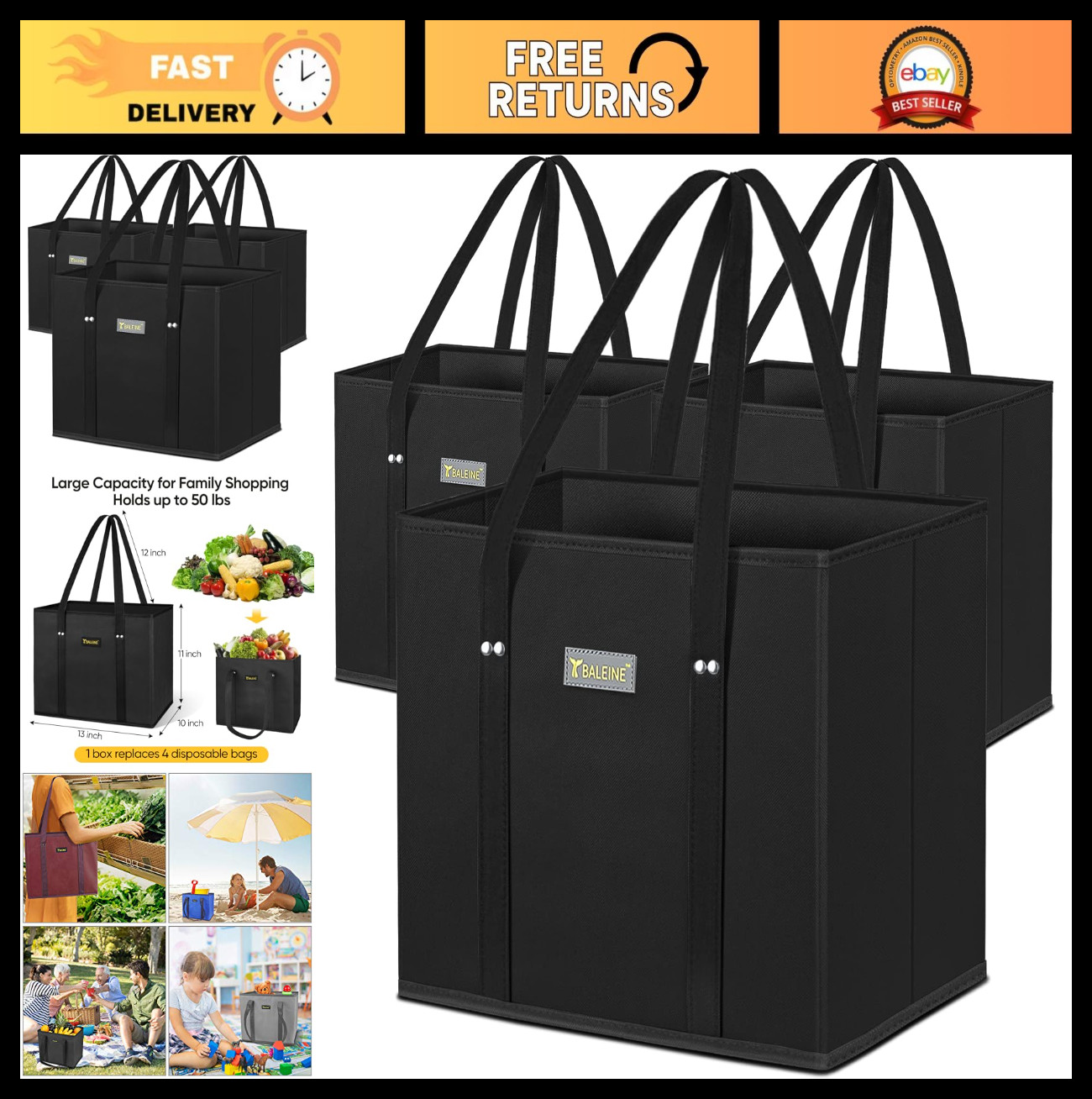 BALEINE 3Pk Reusable Grocery Bags, Foldable Shopping Bags for Groceries with