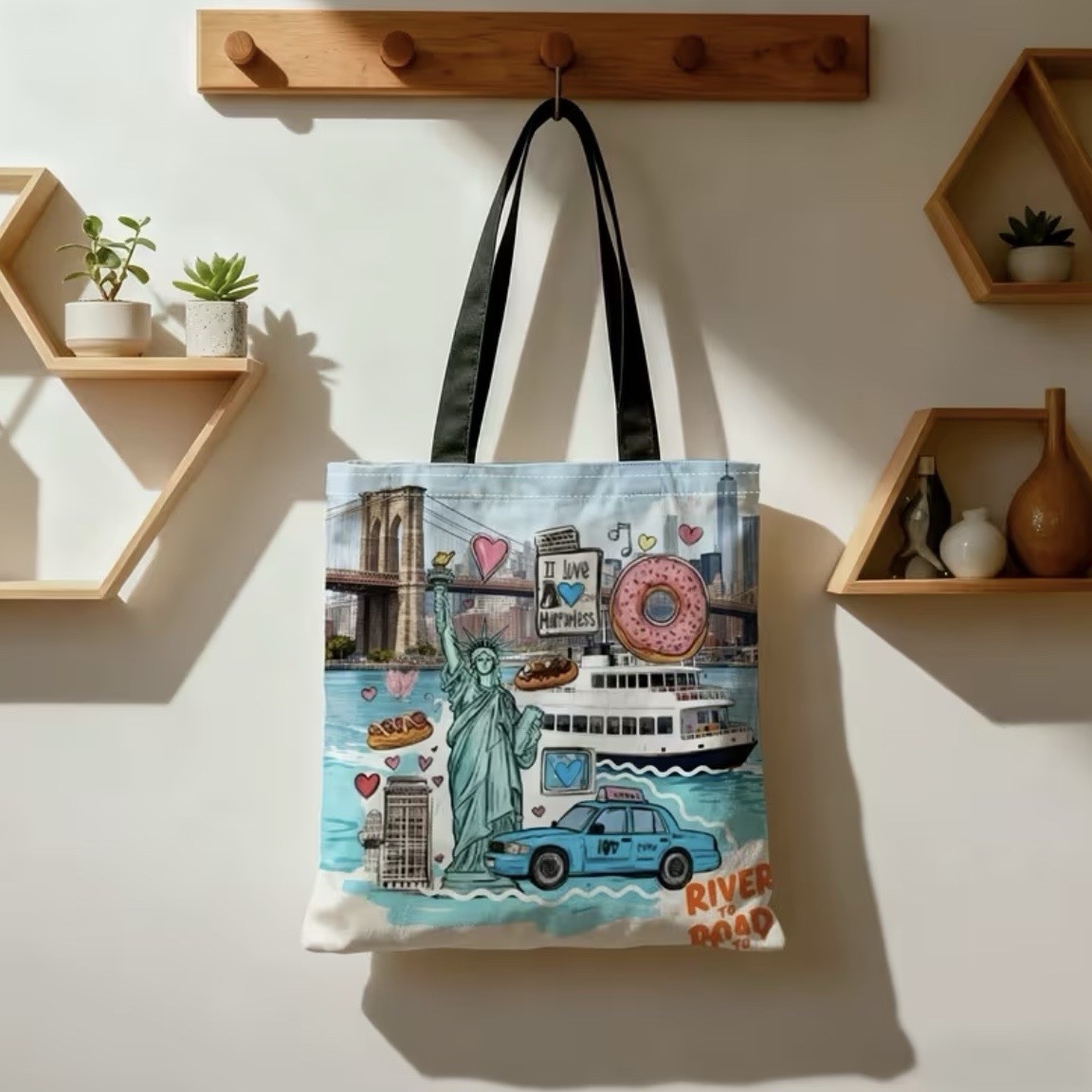 1pc Double-Sided 2D Flat Printing Shopping Tote Bag, New York City Skyline
