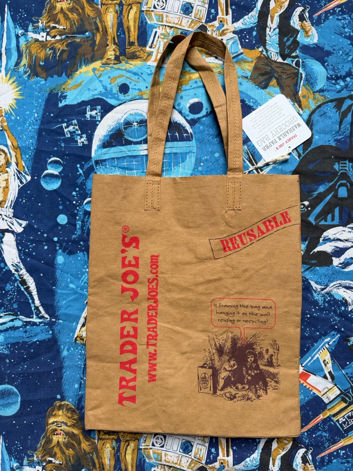 Trader Joe’s Washable Reusable Paper Shopping Bag Brown/Red Logo Tote Brand New