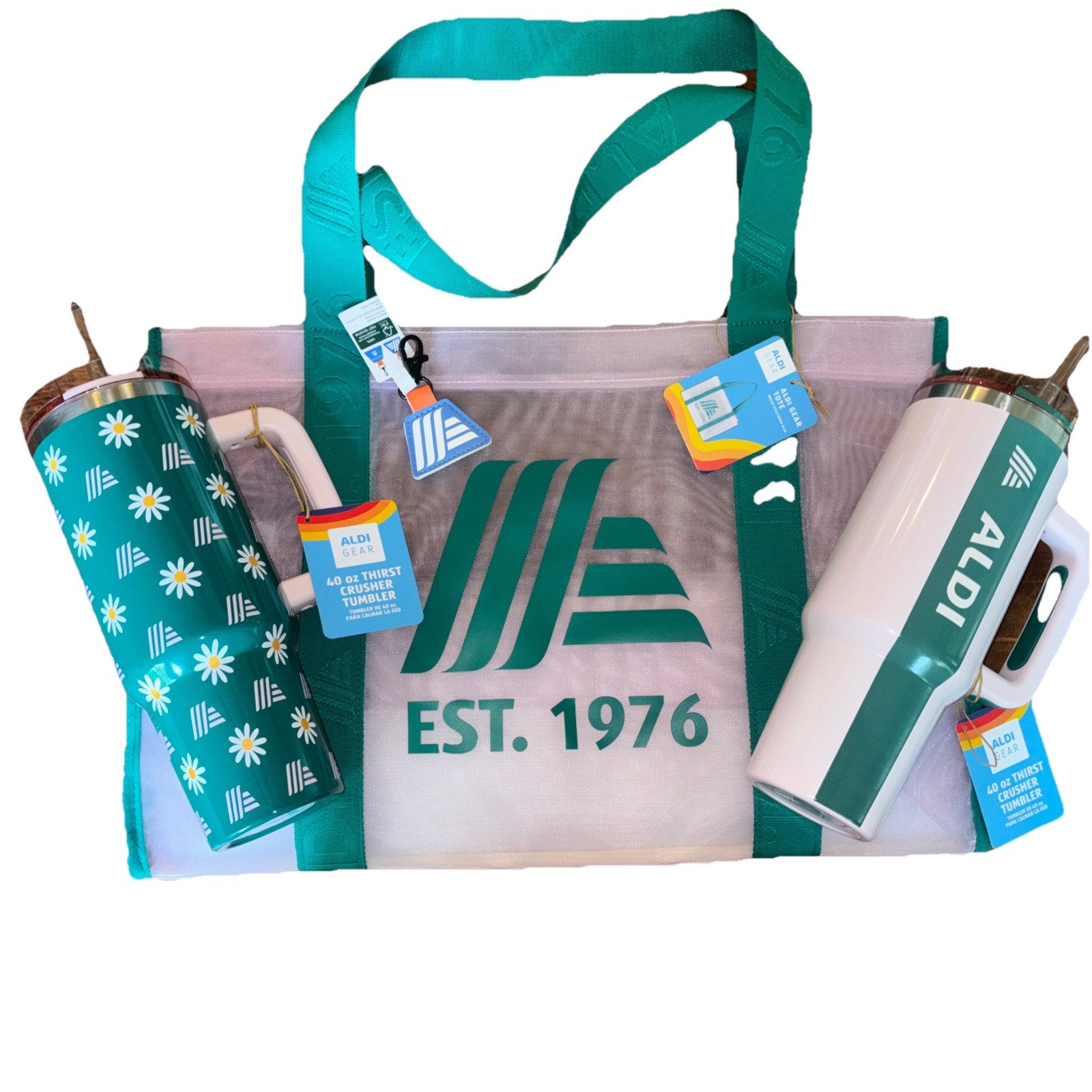 ALDI Mesh Tote Bag Pink Est 1976 Green Straps Stainless Tumbler & Coin Holder