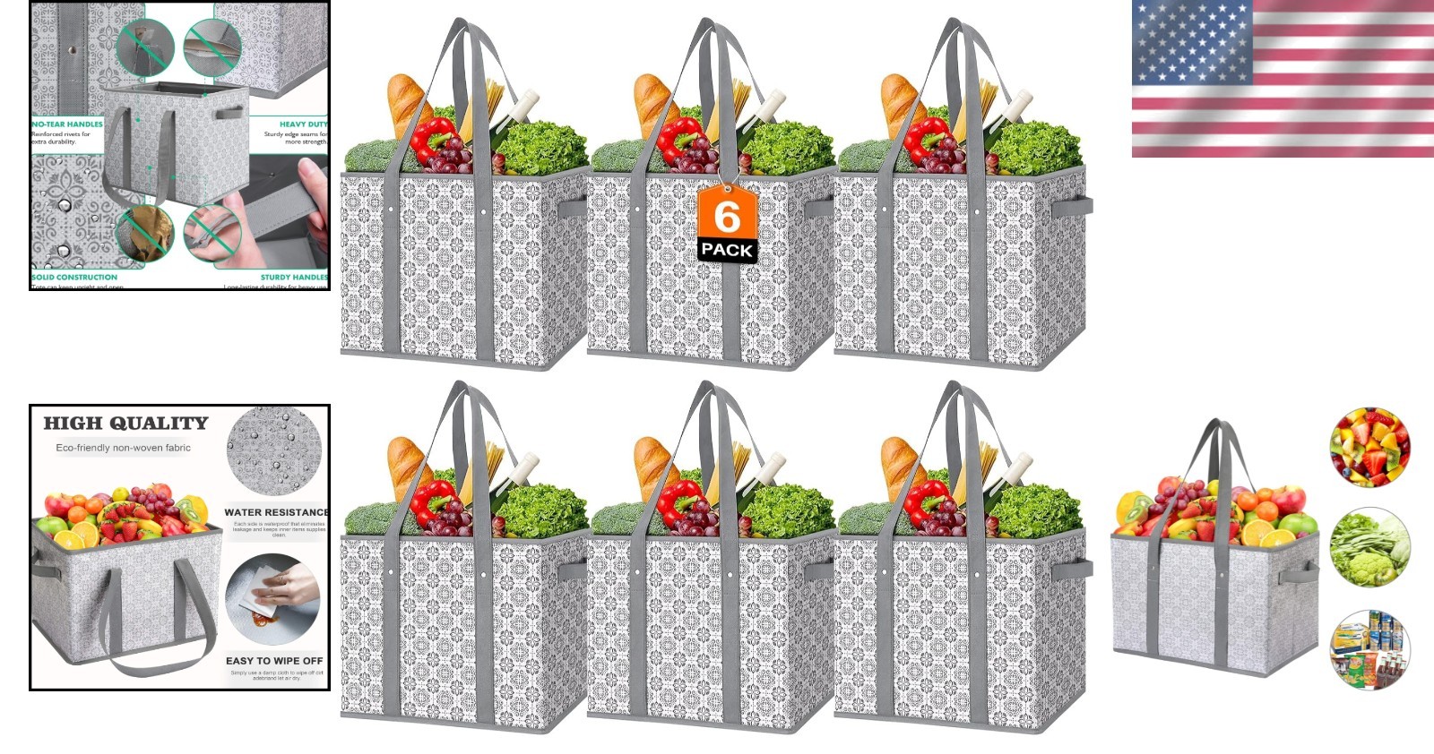 Large Water-Resistant Shopping Totes [6 Pcs]