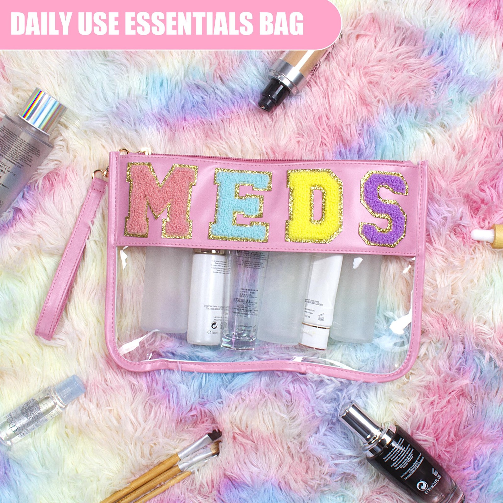 BuyCard Chenille Letter Clear Medicine Bags, Makeup Meds Pink-Meds