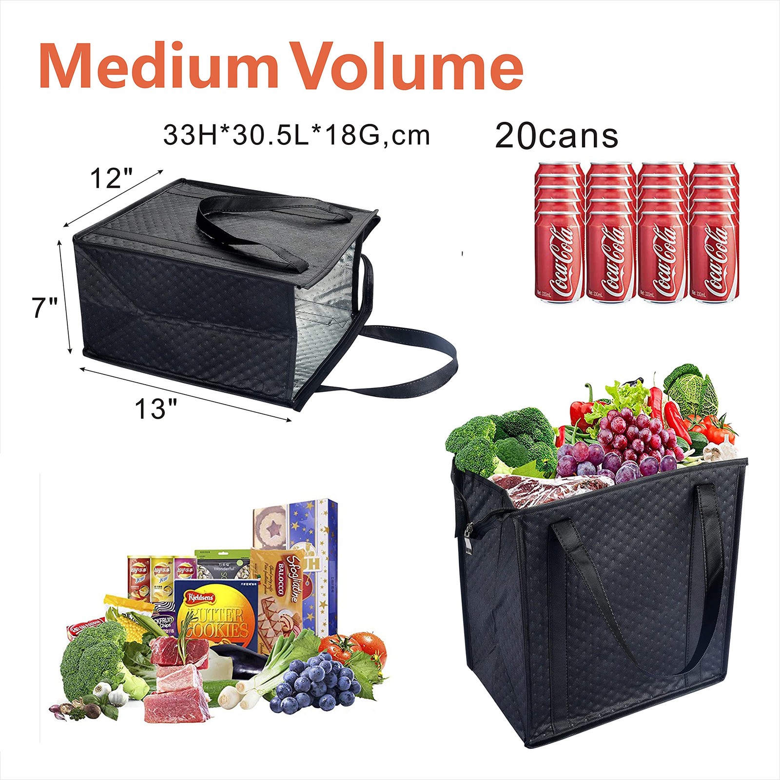 2PCS Leakproof Cooler Bags, Zipper Closure Shopping Tote, Black Blue