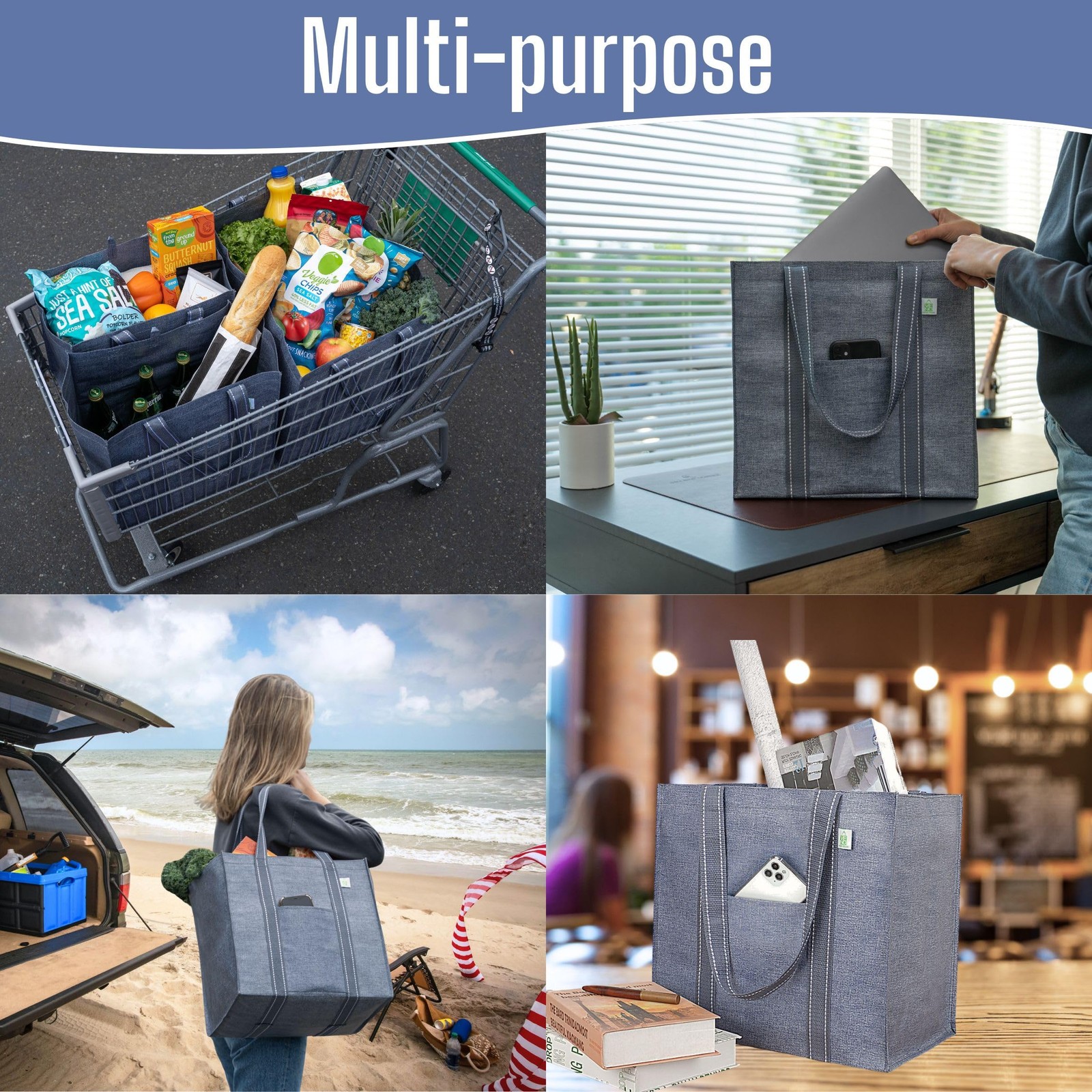 VENO 4 Pack Reusable Grocery Bags, Heavy-Duty Shopping Bags with 4 Pack, Gray