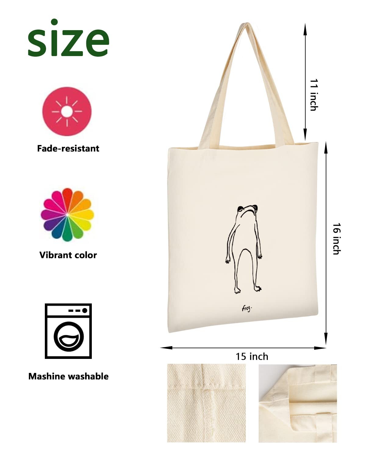 Canvas Tote Bag Aesthetic for , Cute Trendy Frog Hand Drawn Reusable Cloth Co…