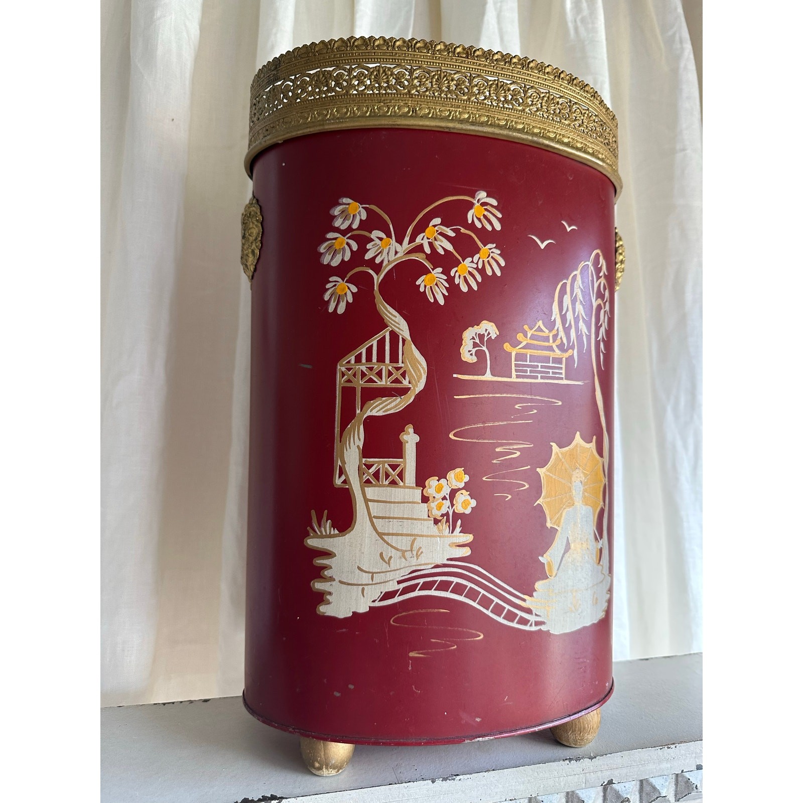 Vintage Hand Painted Trash Can Metal pagoda Chinoiserie tole burgundy red gold