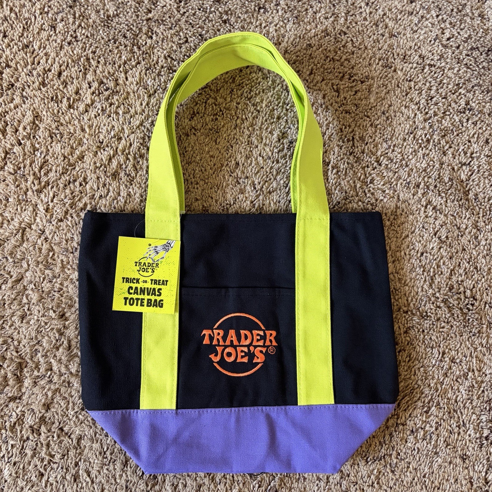 Trader Joe’s Trick-or-Treat Mini Canvas Tote Bag- Black, Green, Purple Halloween