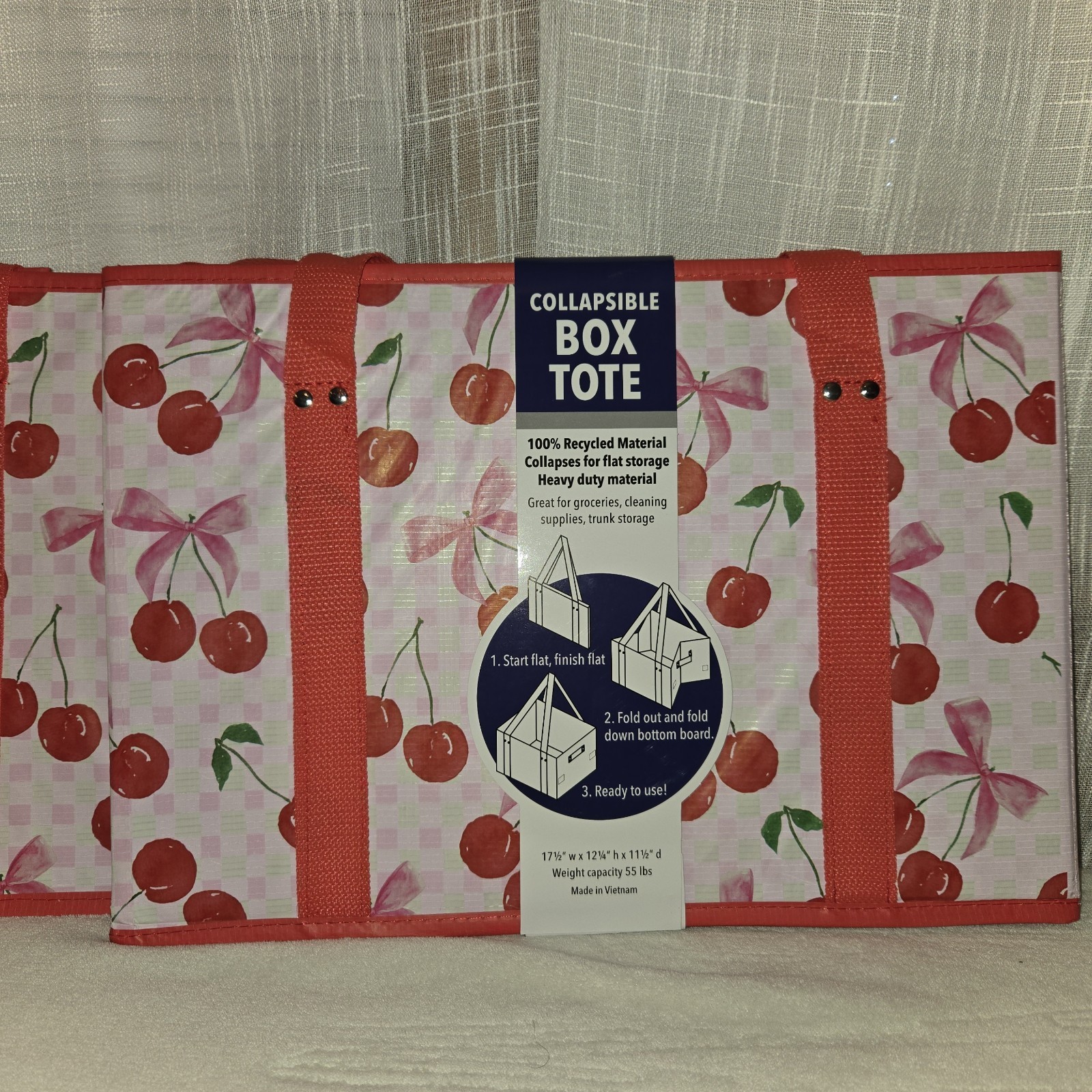 Collapsible Box Tote Cherry Gingham Bows Reusable Folds Flat Heavy Duty NEW