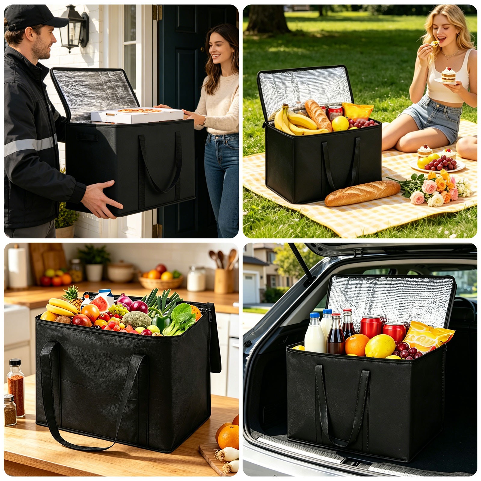 Extra Large Insulated Grocery Bag Foldable Cooler Tote Hot Food Delivery Camping