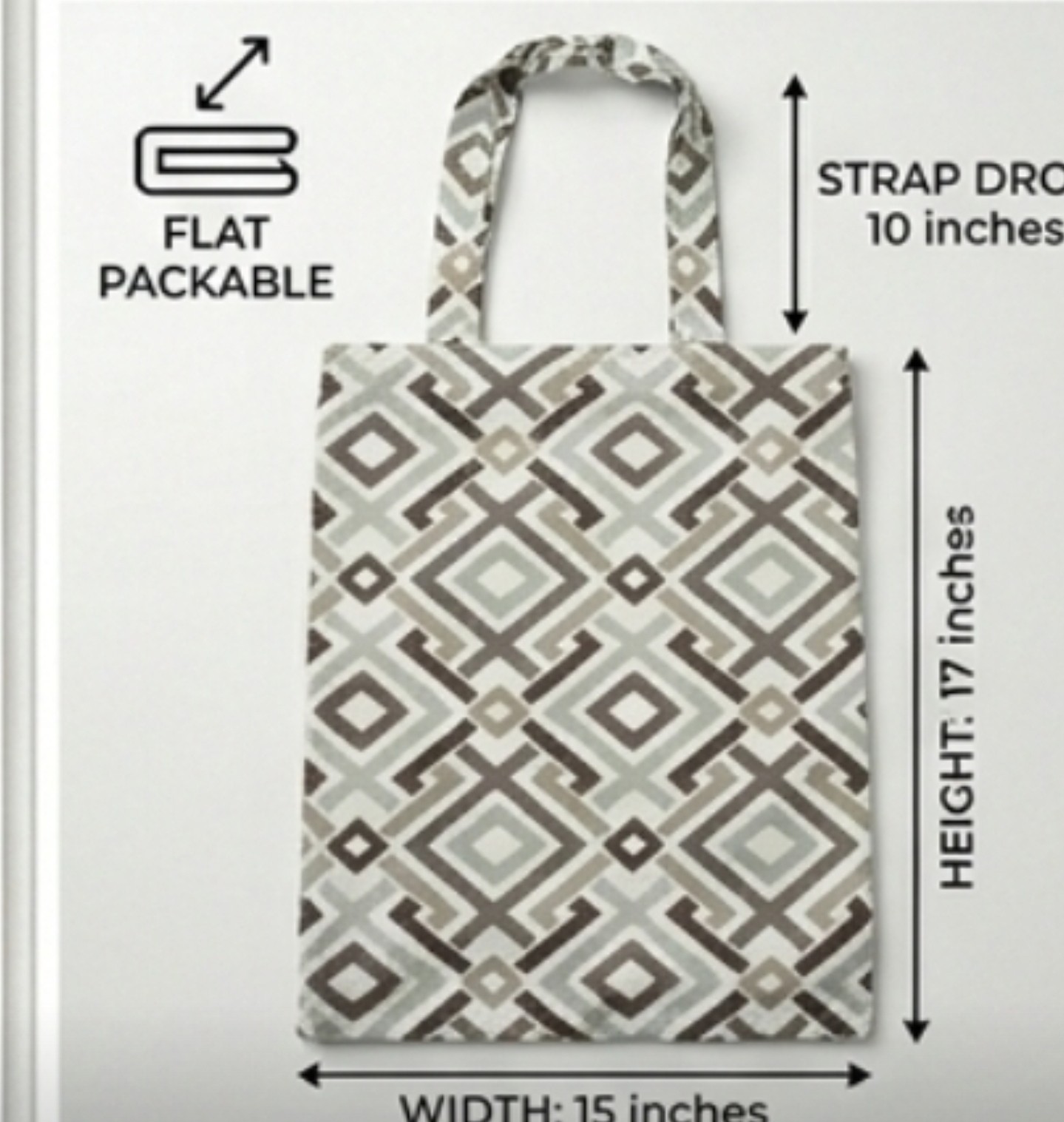 Geometric Canvas Foldable Reusable Tote Bag Stain Repellent 15 x 17 Gray White